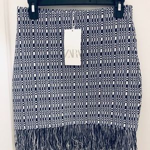 Zara Navy and White Fringe Skirt